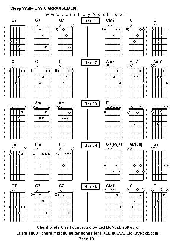 Chord Grids Chart of chord melody fingerstyle guitar song-Sleep Walk- BASIC ARRANGEMENT,generated by LickByNeck software.